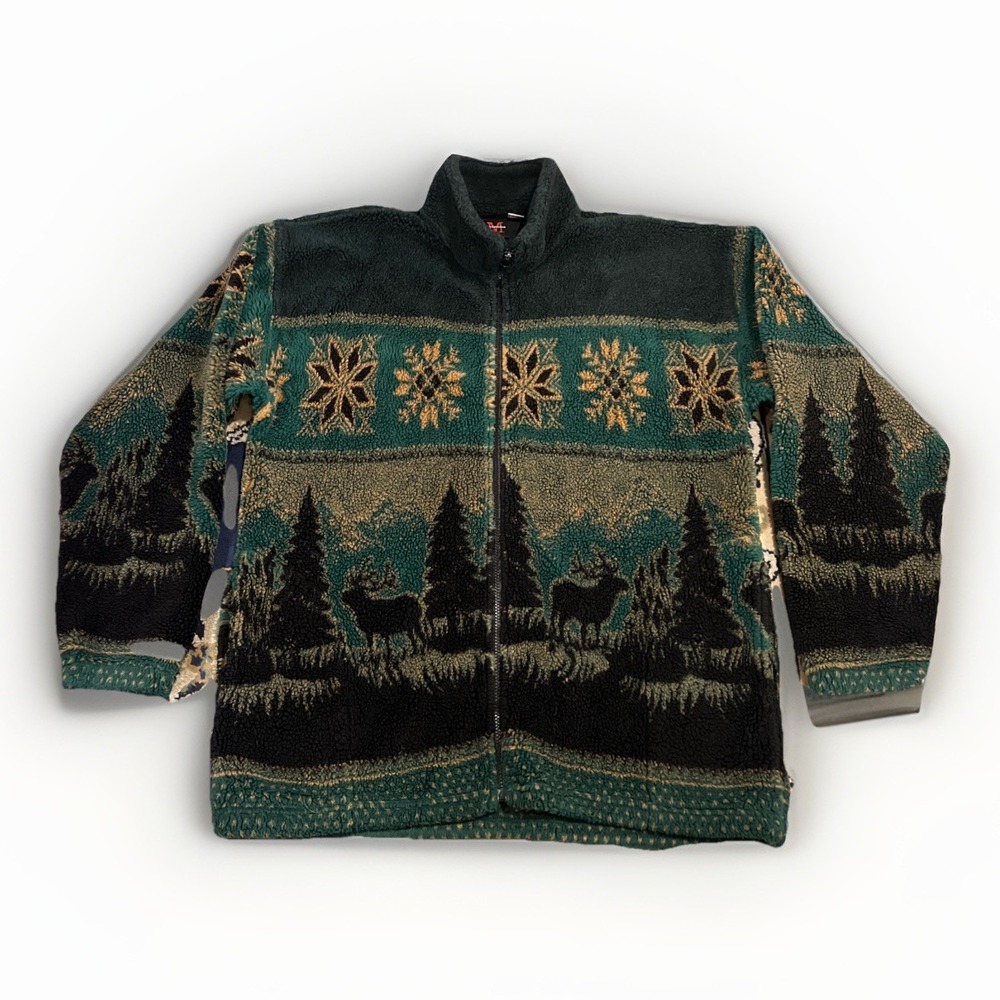 Mazmanian Fleece Jacket Vintage 90s Made In USA Size XL Moose Elk Trees Full Zip